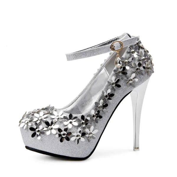 Sparkly Bling Bling Silver Womens Shoes 2019 Leather Beading Flower Glitter  Sequins Evening Party High Heels