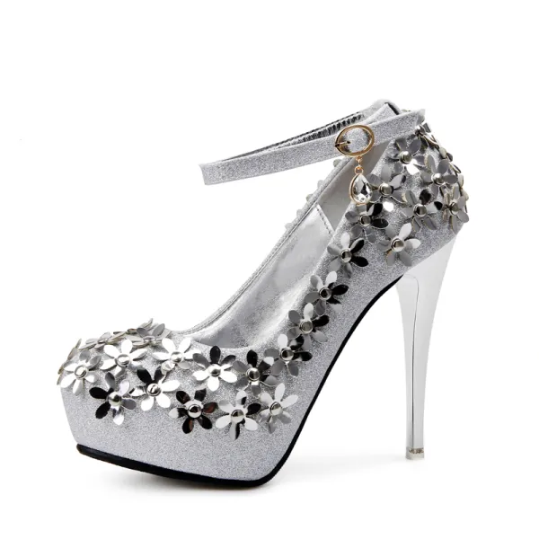 Sparkly Silver Wedding Shoes 2018 Flower Rhinestone Round Toe High Heels