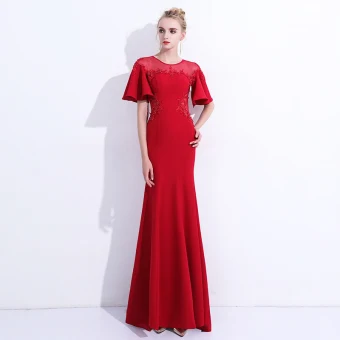 Chic Belle Rouge Robe De Soirée 2018 Trompette Sirène Dentelle Appliques Perlage Encolure Dégagée Dos Nu Manches Courtes Longue Robe De Ceremonie