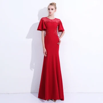 Chic Beautiful Red Evening Dresses 2018 Trumpet Mermaid Lace Appliques Beading Scoop Neck Backless Short Sleeve Floor Length Long Formal Dresses
