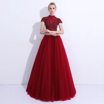 Chic Beautiful Prom Dresses 2018 A Line Princess Lace Flower Beading High Neck Backless Short Sleeve Floor Length Long Formal Dresses