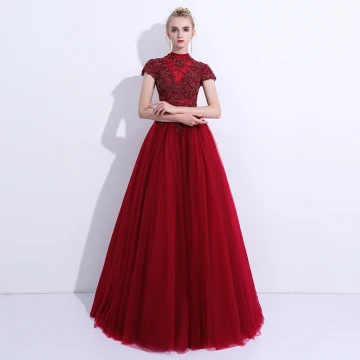 Chic Belle Robe De Bal 2018 Princesse En Dentelle Fleur Perlage Col Haut Dos Nu Manches Courtes Longue Robe De Ceremonie