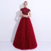 Chic / Beautiful Prom Dresses 2018 A-Line / Princess Lace Flower Beading High Neck Backless Short Sleeve Floor-Length / Long Formal Dresses