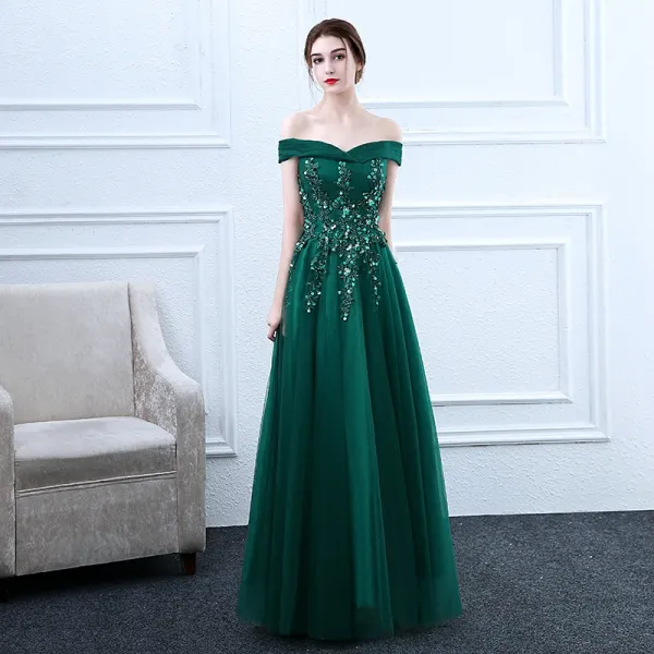 Chic / Beautiful Prom Dresses 2018 A-Line / Princess Lace Flower Beading Sequins Off-The-Shoulder Backless Sleeveless Floor-Length / Long Formal Dresses