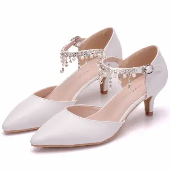 Chic Beautiful White Wedding Shoes 2018 Pearl Rhinestone Tassel 5 Cm Stiletto Heels Pointed Toe Wedding High Heels