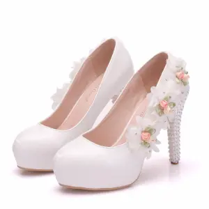 Elegant Hvit Brudesko 2018 Appliques Rhinestone 9 Cm Stiletthæler Rund Tå Bryllup Pumps
