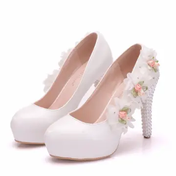 Eleganckie Białe Buty Ślubne 2018 Aplikacje Rhinestone 9 Cm Szpilki Okrągłe Toe Ślub Czółenka