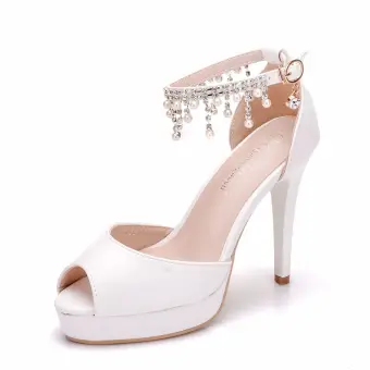 Modern Fashion White Wedding Shoes 2018 Pearl Rhinestone Tassel 11 Cm Stiletto Heels Open Peep Toe Wedding High Heels