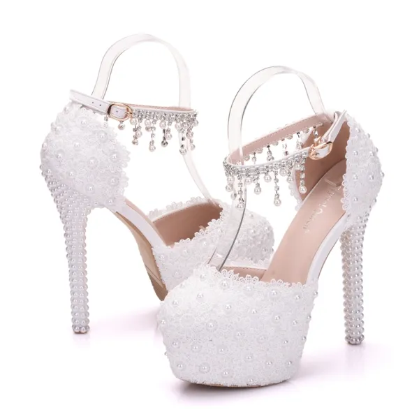 Elegant White Wedding Shoes 2018 Ankle Strap Lace Rhinestone Pearl Tassel 14 cm Stiletto Heels Round Toe Wedding High Heels