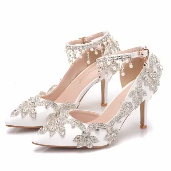 Elegant White Wedding Shoes 2018 Rhinestone Pearl Tassel 8 Cm Stiletto Heels Pointed Toe Wedding High Heels
