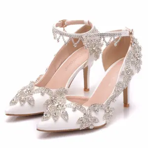 Modern Fashion White Wedding Shoes 2018 Rhinestone 8 Cm Stiletto Heels Pointed Toe Wedding High Heels
