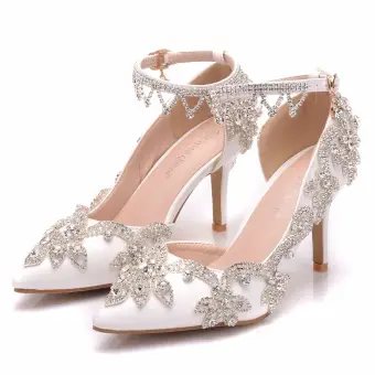 Mote Hvit Brudesko 2018 Rhinestone 8 Cm Stiletthæler Spisse Bryllup Høyhælte