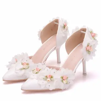 Elegant Hvit Brudesko 2018 Appliques Rhinestone 8 Cm Stiletthæler Spisse Bryllup Høyhælte