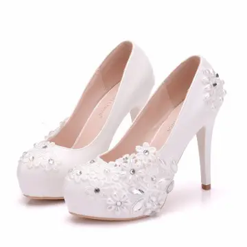 Piękne Białe Buty Ślubne 2018 Z Koronki Perła Rhinestone 11 Cm Szpilki Okrągłe Toe Ślub Czółenka