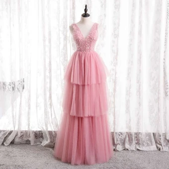 Charmant Rose Bonbon Volants Robe De Soirée 2021 Princesse Encolure Dégagée Sans Manches Perlage Paillettes Dos Nu Soirée Longue Robe De Ceremonie