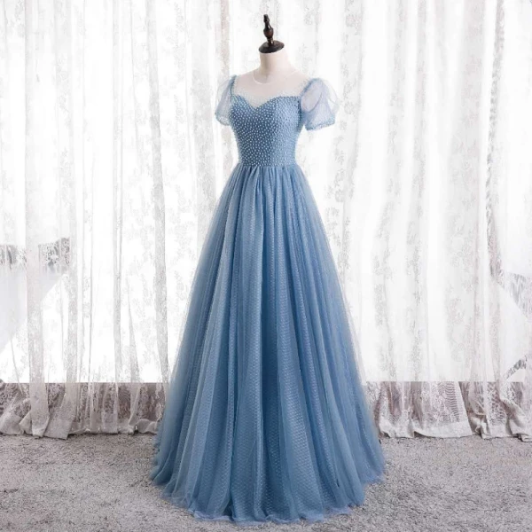 Charming Pool Blue Beading Prom Dresses 2021 A-Line / Princess Scoop Neck Short Sleeve Floor-Length / Charming Pool Blue Beading Prom Dresses 2021 A-Line / Princess Scoop Neck Short Sleeve Floor-Length /