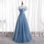 Charming Pool Blue Beading Prom Dresses 2021 A-Line / Princess Scoop Neck Short Sleeve Floor-Length / Long Formal Dresses