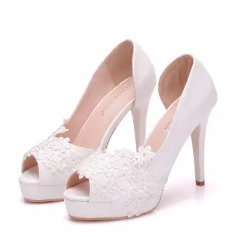 Chic Beautiful White Wedding Shoes 2018 Lace 11 Cm Stiletto Heels Open Peep Toe Wedding High Heels