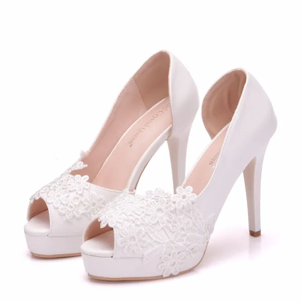 Chic / Beautiful White Wedding Shoes 2018 Lace 11 cm Stiletto Heels Open / Peep Toe Wedding High Heels