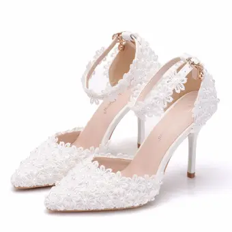 Chic Beautiful Black Wedding Shoes 2018 Pearl Lace Ankle Strap 9 Cm Stiletto Heels Pointed Toe Wedding High Heels