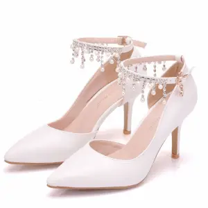 Simple Blanche Chaussure De Mariée 2018 Perle Faux Diamant Gland 8 Cm Talons Aiguilles À Bout Pointu Mariage Talons Hauts