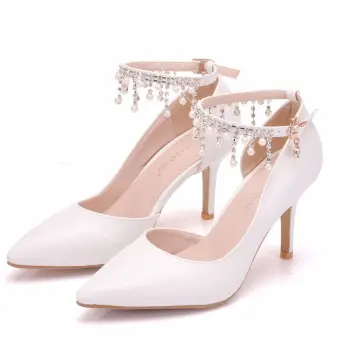 Modest Simple White Wedding Shoes 2018 Pearl Rhinestone Tassel 8 Cm Stiletto Heels Pointed Toe Wedding High Heels