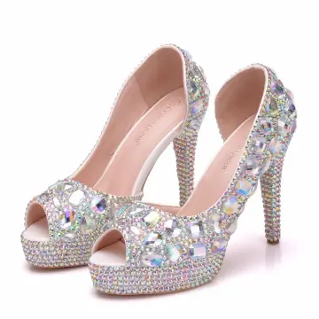 Unique Argenté Chaussure De Mariée 2018 Cristal 11 Cm Talons Aiguilles Peep Toes Bout Ouvert Mariage Talons Hauts