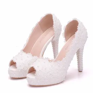 Chic Belle Blanche Chaussure De Mariée 2018 En Dentelle Perle 11 Cm Talons Épais Peep Toes Bout Ouvert Mariage Talons Hauts