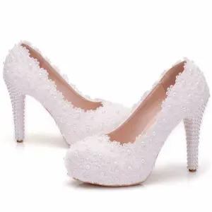 Fine Hvit Brudesko 2018 Blonder Perle 11 Cm Stiletthæler Rund Tå Bryllup Pumps