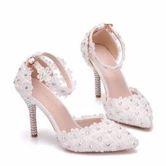 Charming White Wedding Shoes 2018 Lace Ankle Strap Rhinestone 9 Cm Stiletto Heels Pointed Toe Wedding High Heels