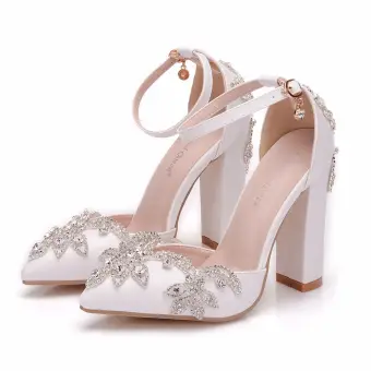 Modern Fashion White Wedding Shoes 2018 Rhinestone Ankle Strap 10 Cm Thick Heels Pointed Toe Wedding High Heels