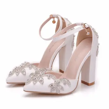 Moda Blanco Zapatos De Novia 2018 Rhinestone Correa Del Tobillo 10 Cm Talones Gruesos Punta Estrecha Boda High Heels