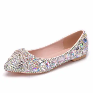 Scintillantes Argenté Chaussure De Mariée 2018 Cristal Faux Diamant À Bout Pointu Plate Mariage