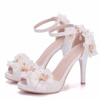 Mote Hvit Brudesko 2018 Appliques Rhinestone Ankelstropp 10 Cm Stiletthæler Peep Toe Bryllup Høyhælte