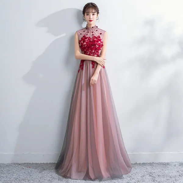 Chinesischer Stil Abendkleider 2018 A Linie Kristall Spitze Blumen Applikationen Stehkragen Rückenfreies Durchsichtige Ärmellos Lange Festliche Kleider