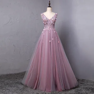 Élégant Rougissant Rose Robe De Bal 2018 Princesse Appliques Cristal Perle V Cou Dos Nu Sans Manches Longue Robe De Ceremonie