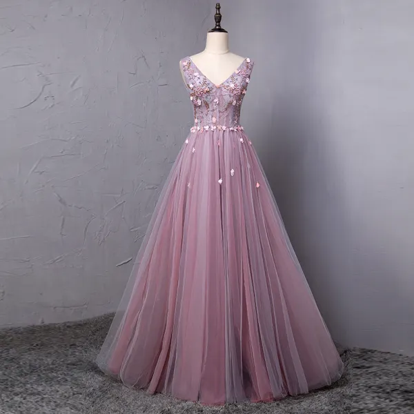 Elegant Blushing Pink Prom Dresses 2018 A-Line / Princess Appliques Crystal Pearl V-Neck Backless Sleeveless Floor-Length / Long Formal Dresses