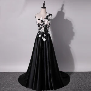 Chic Beautiful Black Evening Dresses 2018 A Line Princess Artificial Flowers Rhinestone Pearl One Shoulder Backless Sleeveless Sweep Train Formal Dresses