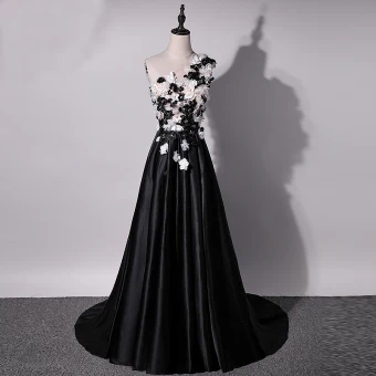 Chic Beautiful Black Evening Dresses 2018 A Line Princess Artificial Flowers Rhinestone Pearl One Shoulder Backless Sleeveless Sweep Train Formal Dresses