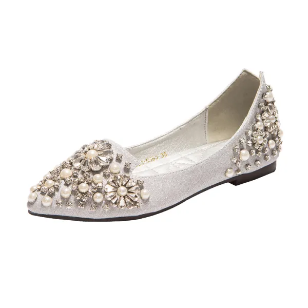 Sparkly Bling Bling Silver Womens Shoes 2019 Leather Beading