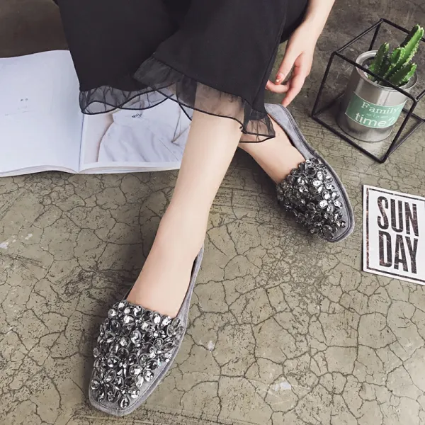 Chic / Beautiful Grey Womens Shoes 2018 Rhinestone Sequins Suede Square Toe Flat