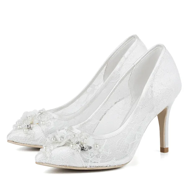 Luxury / Gorgeous White Lace Wedding Shoes 2018 Beading Rhinestone Pearl 10 cm Stiletto Heels Leather See-through Lace Pointed Toe Wedding Pumps