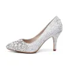 Sparkly Silver Wedding Shoes 2018 Lace Crystal Sequins Leather 8 cm Stiletto Heels Pointed Toe Pumps