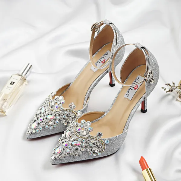 Scintillantes Argenté Chaussure De Mariée 2018 Glitter Faux Diamant Paillettes Boucle 9 cm Talons Aiguilles À Bout Pointu Mariage Escarpins