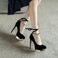 Sexy Zwarte Damesschoenen 2018 Avond Metaal Rhinestone Enkelband 13 cm Naaldhakken / Stiletto Plateau Ronde Neus Pumps