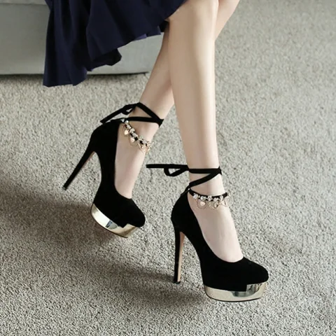 Sexig Svarta Damskor 2018 Afton Metall Rhinestone Ankelband 13 cm Stilettklackar Platåskor Pande Zote Toe Pumps