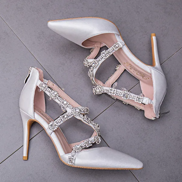 Elegantes Blanco Zapatos de novia 2018 Rhinestone X Correa 9 cm Stilettos Tacones De