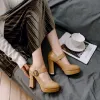 Vintage / Originale Tan Désinvolte Chaussures Femmes 2018 Boucle 10 cm Talons Épais Plateforme À Bout Rond Escarpins