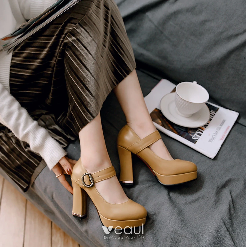 Vintage Retro Tan Casual Womens Shoes 2018 Buckle 10 cm Thick Heels Platform Round Toe Pumps