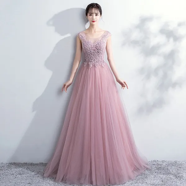 Elegant Blushing Pink Prom Dresses 2018 A-Line / Princess Lace Flower Scoop Neck Backless Sleeveless Floor-Length / Long Formal Dresses